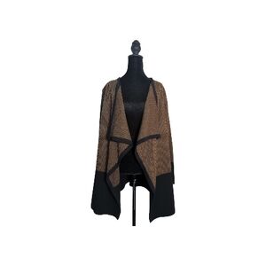 MARBLE Scotland Large Black Brown Houndstooth Open Cardigan Cascading Collar